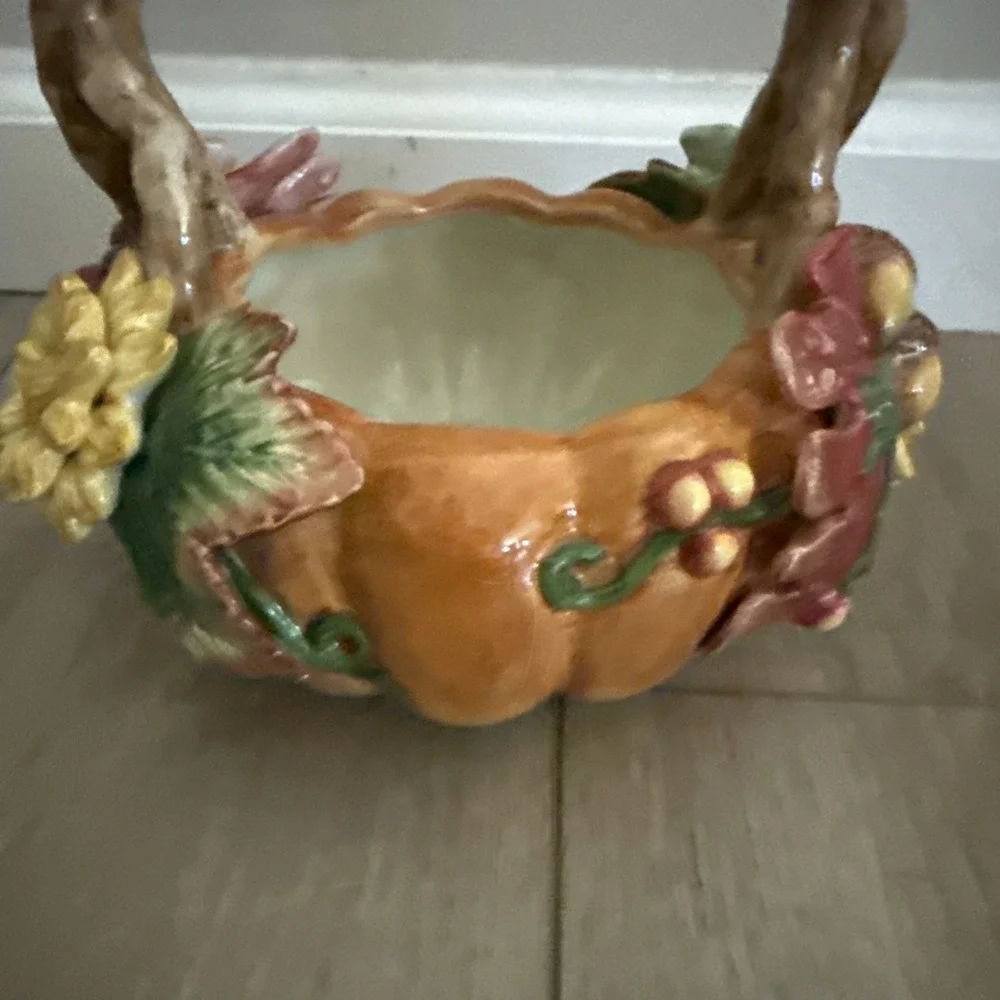 Fitz and Floyd Harvest Heritage Ceramic Pumpkin Basket Retired